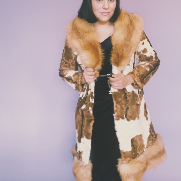 Vintage 70s RARE Cowhide Fur Trim Cuffs Coat S M L - Picture 4 of 8